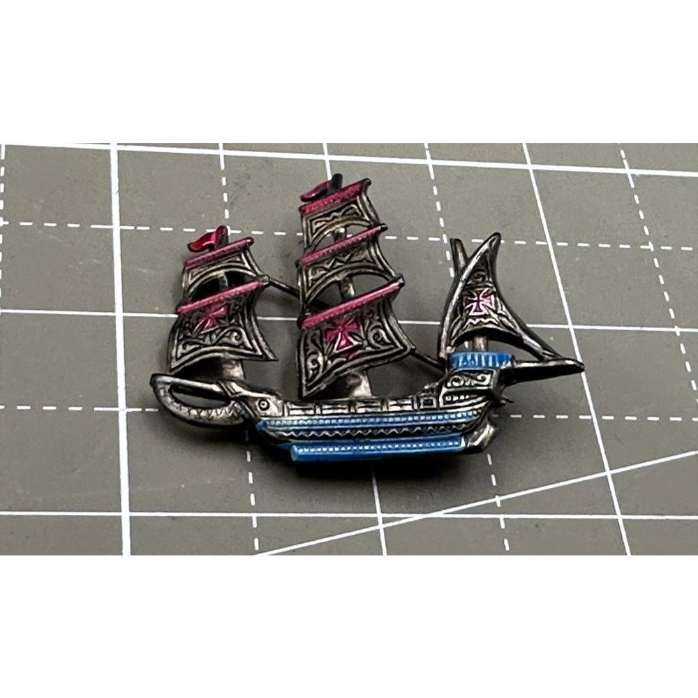Vintage Damascene Multi Colored Ship Brooch signed Spain